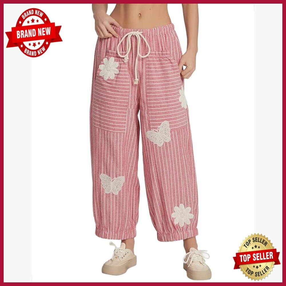 Wide Leg Barrel Pants Cotton Linen Striped Boho Casual Lounge Trousers